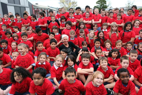 Deborah Kelland with Woolston Primary students